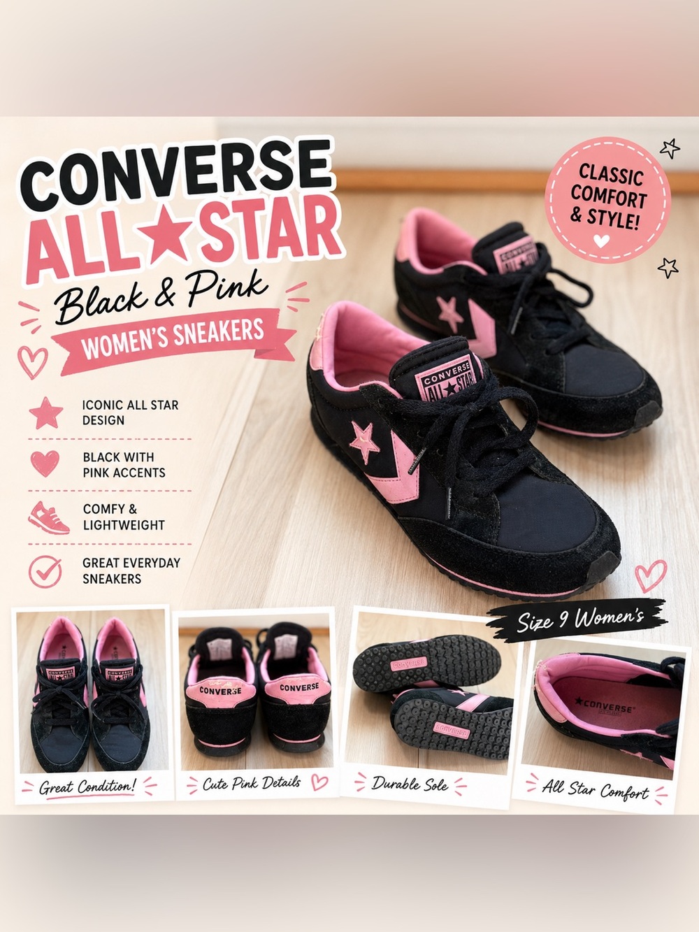 Converse Re-Issue Black Pink Low Top Sneakers Size 9.5 Retro Y2K All Star